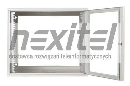 Szara szafa wisząca rack 19" SIMPLE 9UX555X600 IP30 ŚCIANY BOCZNE PEŁNE DRZWI Z SZYBĄ RAL 7035 SZARA