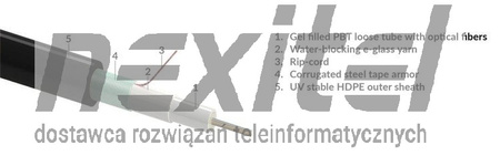 R&M Kabel światłowodowy 12 włóknowy, luźna tuba, do użytku zewnętrznego, CSTA - stalowa zbroja taśmowa, powłoka HDPE - czarna