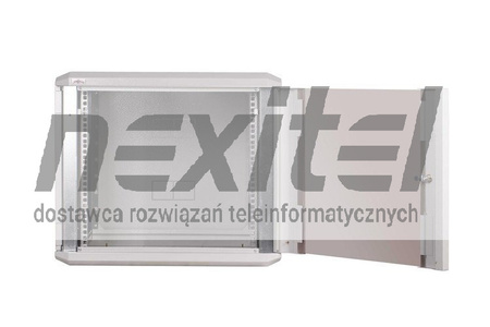 Szara szafa wisząca rack 19" DWUCZĘŚCIOWA 9UX600X600 IP30 ŚCIANY BOCZNE OTWIERANE DRZWI Z SZYBĄ RAL 7035