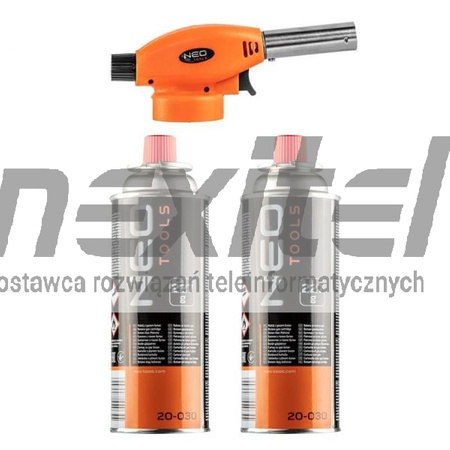 Palnik gazowy nakręcany + 2 naboje z gazem butan, NEO TOOLS 20-040