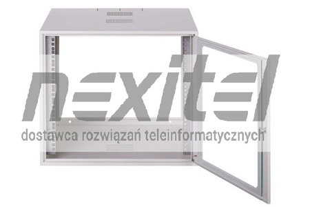 Szara szafa wisząca rack 19" SIMPLE 9UX555X600 IP30 ŚCIANY BOCZNE PEŁNE DRZWI Z SZYBĄ RAL 7035 SZARA