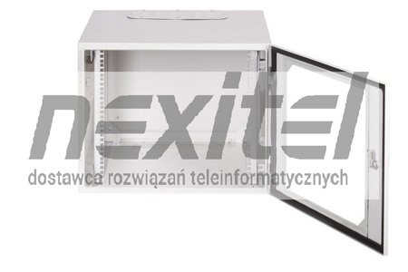 Szara szafa wisząca rack 19" 9UX600X600 IP54 ŚCIANY BOCZNE PEŁNE DRZWI Z SZYBĄ WEWNĘTRZNA RAL 7035 SZARY