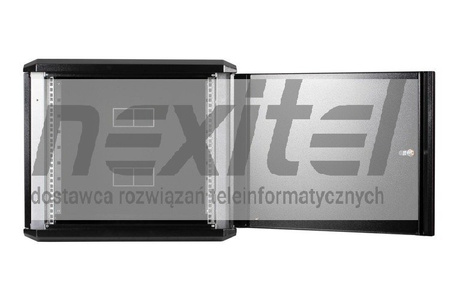 Czarna szafa wisząca rack 19"  DWUCZĘŚCIOWA 9UX600X400 IP30 ŚCIANY BOCZNE OTWIERANE DRZWI PEŁNE RAL 9005 CZARNY