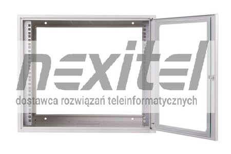Szara szafa wisząca rack 19" SIMPLE 9UX555X600 IP30 ŚCIANY BOCZNE PEŁNE DRZWI Z SZYBĄ RAL 7035 SZARA