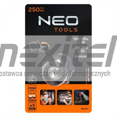 Latarka czołowa 250 lum, zoom, CREE XPE, 3xaaa Neo Tools 99-201
