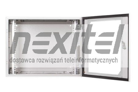 Szara szafa wisząca rack 19" 9UX600X600 IP54 ŚCIANY BOCZNE PEŁNE DRZWI Z SZYBĄ ZEWNĘTRZNA RAL 7035 SZARA
