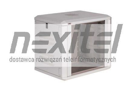 Szara szafa wisząca rack 19" DWUCZĘŚCIOWA 9UX400 ŚCIANY BOCZNE OTWIERANE DRZWI PRZESZKLONE SZARA RAL 7035