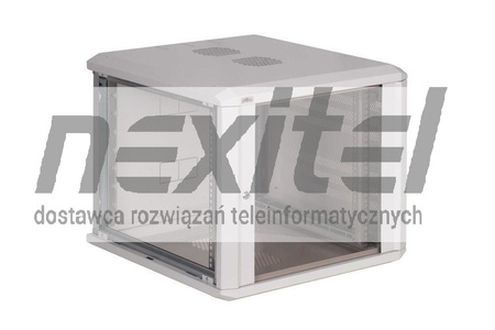 Szara szafa wisząca rack 19" DWUCZĘŚCIOWA 9UX600X600 IP30 ŚCIANY BOCZNE OTWIERANE DRZWI Z SZYBĄ RAL 7035