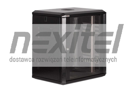 Czarna szafa wisząca rack 19" 12UX600X400 IP30 ŚCIANY BOCZNE OTWIERANE DRZWI Z SZYBĄ RAL 9005 CZARNY