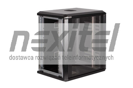 Czarna szafa wisząca rack 19" 12UX600X400 IP30 ŚCIANY BOCZNE OTWIERANE DRZWI Z SZYBĄ RAL 9005 CZARNY