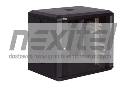 Czarna szafa wisząca rack 19" 9UX600X600 IP30 ŚCIANY BOCZNE OTWIERANE DRZWI Z SZYBĄ RAL 9005 CZARNY